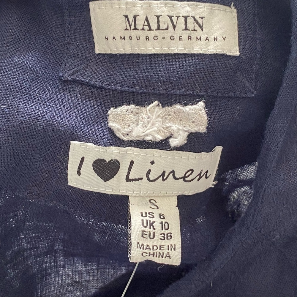 Malvin 100% Linen and Lace Trim Navy Embroidered Dress, Size Small 6 - Picture 9 of 11